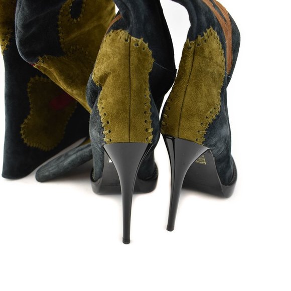 BURBERRY Prorsum: Navy Blue, Patchwork "Allison" Over The Knee Boots - Picture 6 of 10